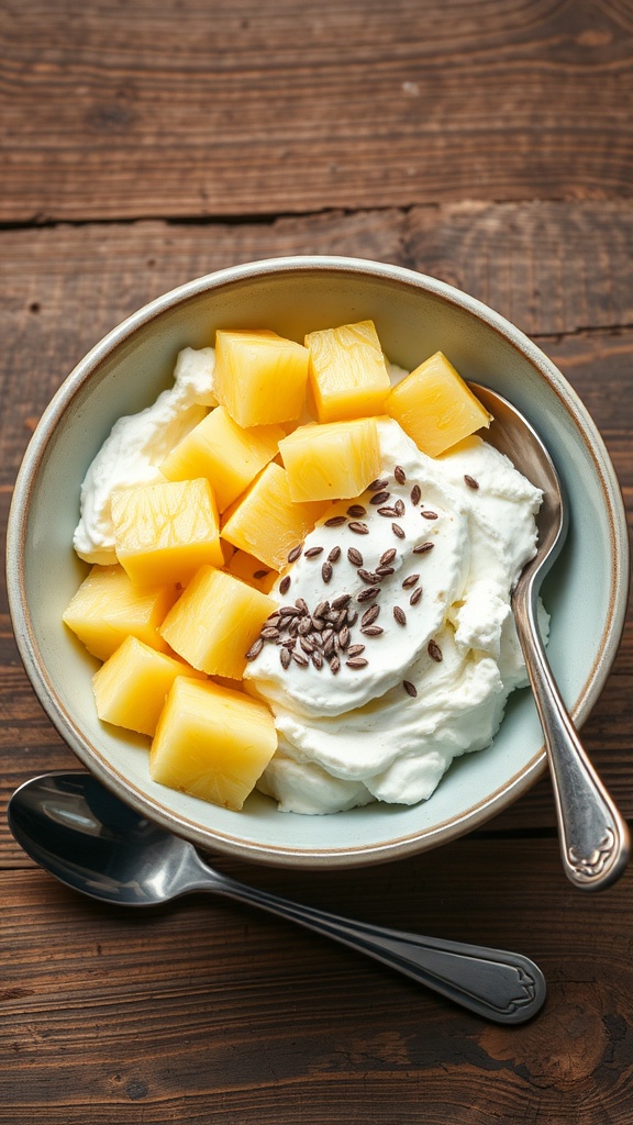 A bowl of cottage cheese topped with pineapple chunks and flaxseeds.