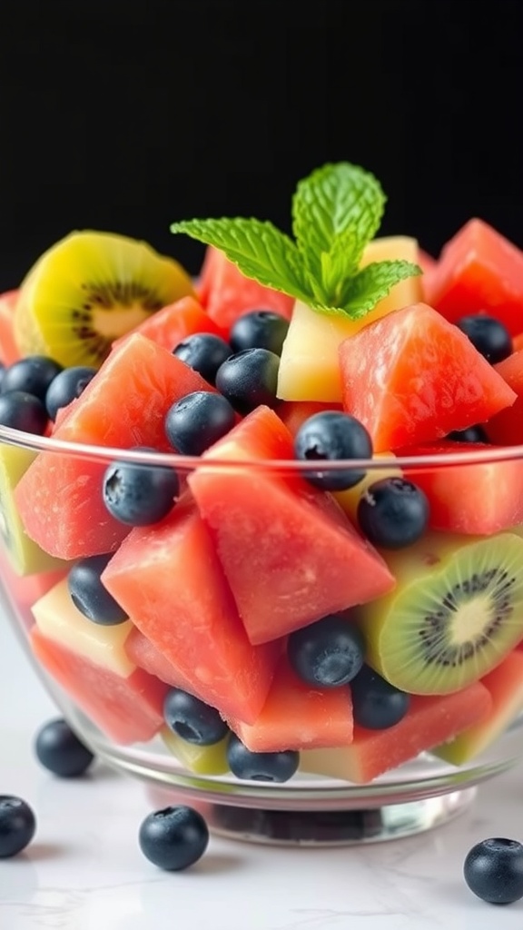 A colorful bowl of fresh fruit salad with watermelon, pineapple, blueberries, and kiwi, garnished with mint.