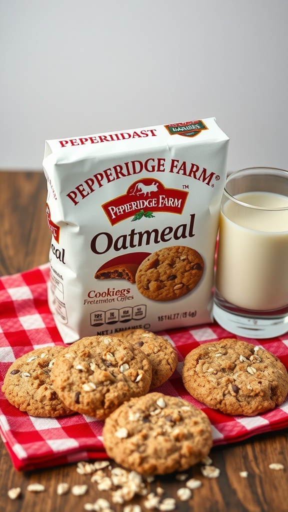 Delicious oatmeal cookies on a checkered napkin with a glass of milk.