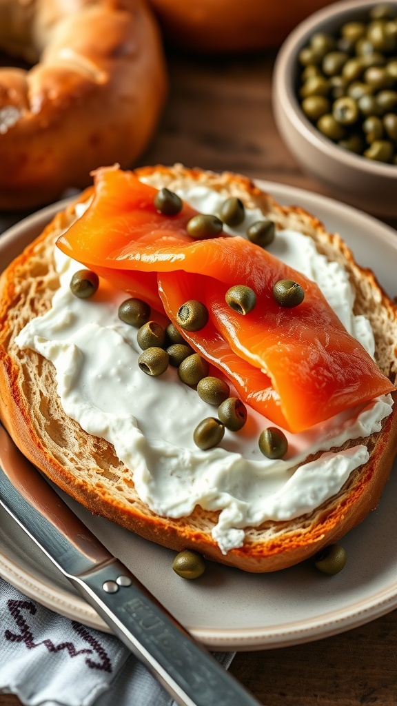 A toasted bagel topped with cream cheese, smoked salmon, and capers on a plate.