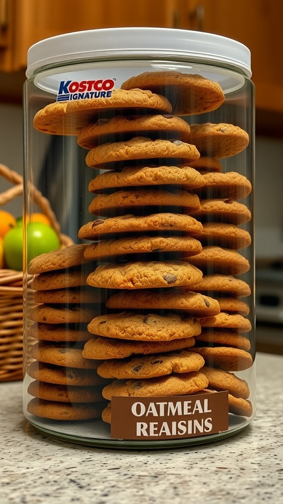 A jar filled with oatmeal raisin cookies.