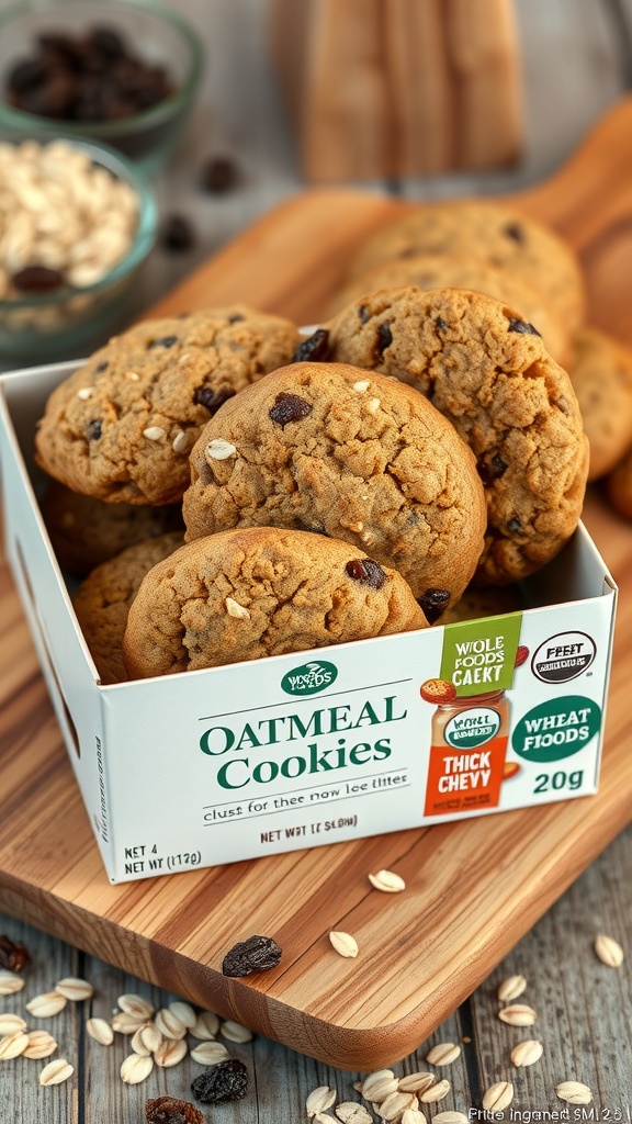 A box of Whole Foods Market Oatmeal Cookies on a wooden platter with oats and raisins.