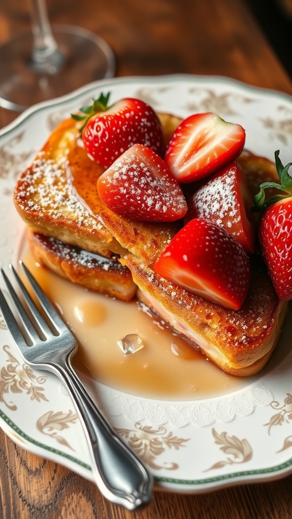 Delicious French toast topped with strawberries and powdered sugar