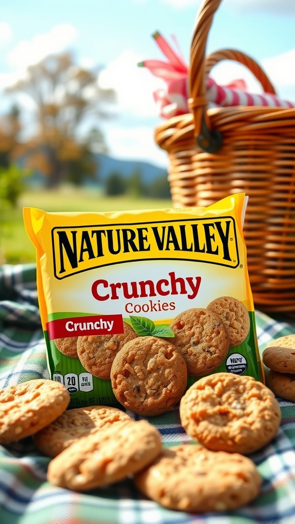 A pack of Nature Valley Crunchy Oatmeal Cookies with some cookies laid out on a picnic blanket.