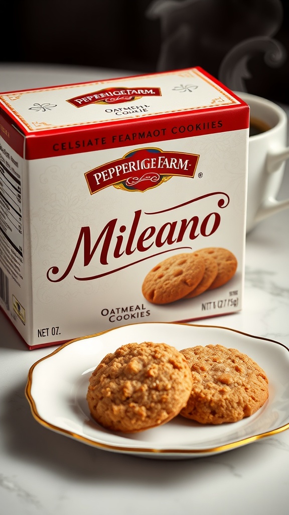 A box of Milano Oatmeal Cookies and two cookies on a plate.