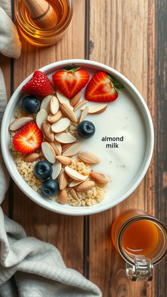 A delicious quinoa breakfast bowl with almond milk, assorted berries, and almonds.