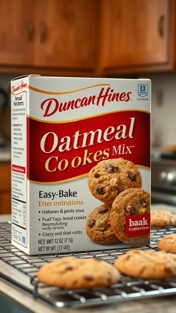 Duncan Hines Oatmeal Cookies Mix packaging and freshly baked oatmeal cookies