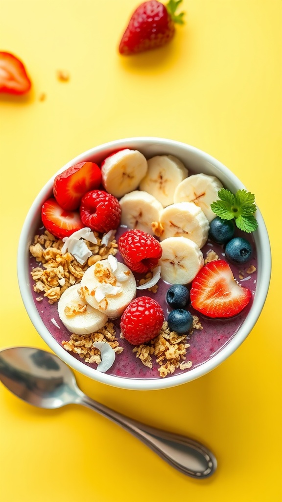 A colorful acai bowl topped with sliced banana, strawberries, blueberries, granola, and shredded coconut.