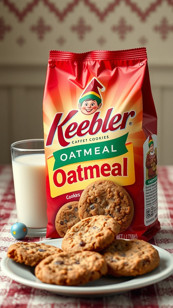 A plate of oatmeal cookies with a glass of milk.