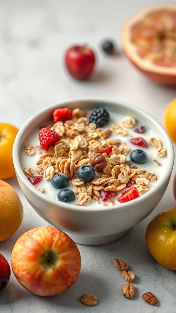 A bowl of muesli with yogurt topped with fruits and nuts