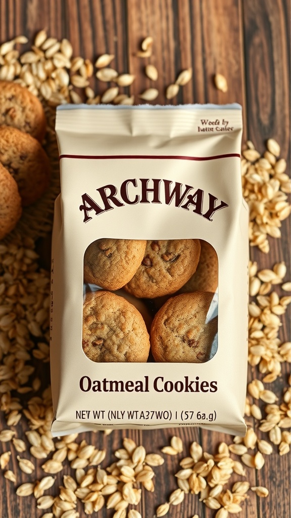 A package of Archway Oatmeal Cookies with oats scattered around.