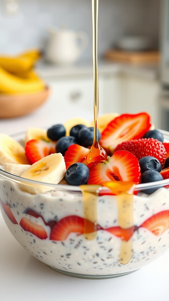 A bowl of overnight oats topped with fresh fruits and honey.