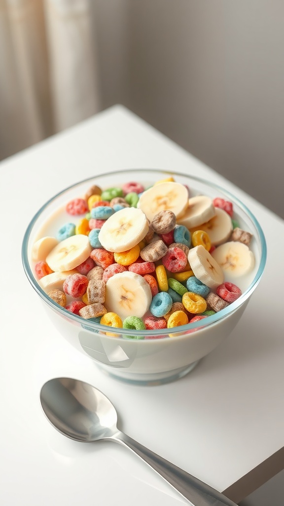 A delicious bowl of cereal with bananas, colorful rings, and mixed berries