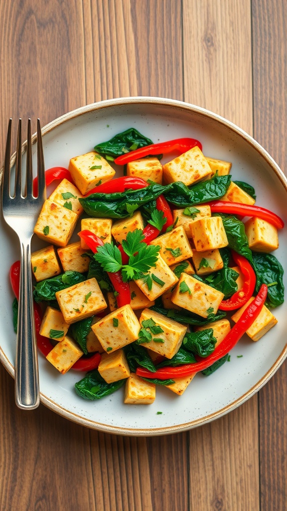 A plate of colorful tofu scramble with spinach and bell peppers