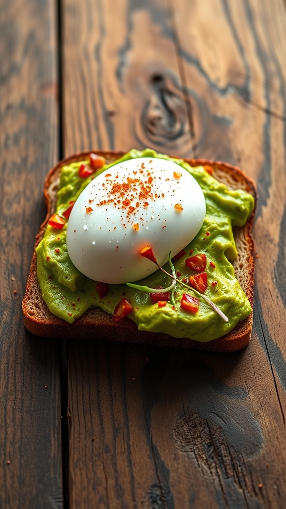 A slice of avocado toast topped with a poached egg and red pepper flakes on a wooden surface.