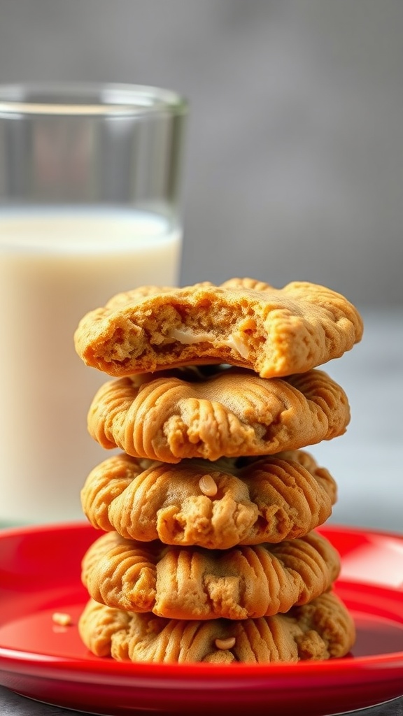 A stack of Nabisco Nutter Butter Oatmeal Cookies next to a glass of milk.