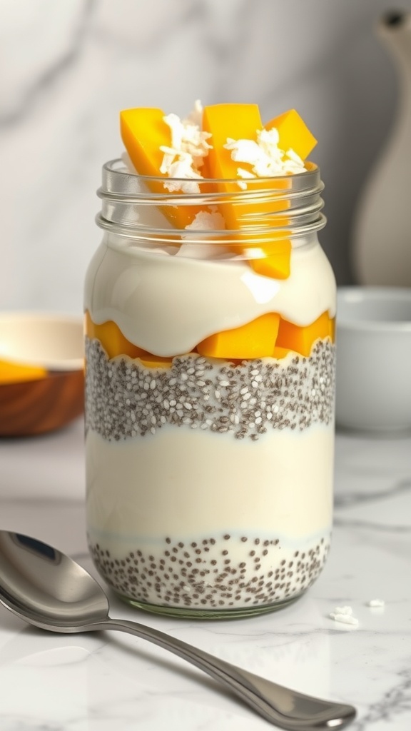 A jar of chia seed pudding layered with yogurt and topped with mango and coconut.