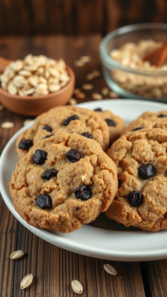 Plate of freshly baked oatmeal cookies with chocolate chips on a wooden table.