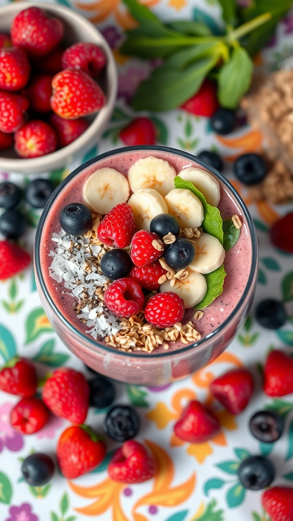 A colorful smoothie bowl topped with berries, banana slices, and granola.