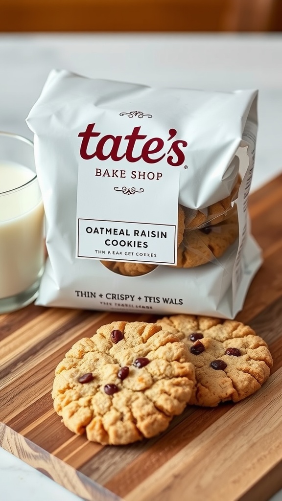 Tate's Bake Shop Oatmeal Raisin Cookies package with cookies on a wooden board