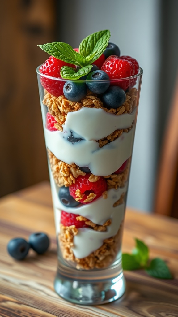 A delicious Greek yogurt parfait layered with granola and mixed berries.