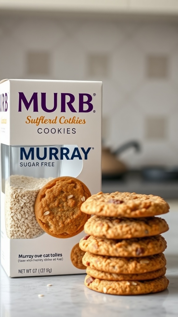 A stack of Murray Sugar Free Oatmeal Cookies next to a box of oatmeal product.