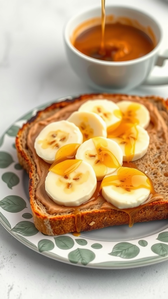 A plate with peanut butter banana toast drizzled with honey, accompanied by a cup of coffee.