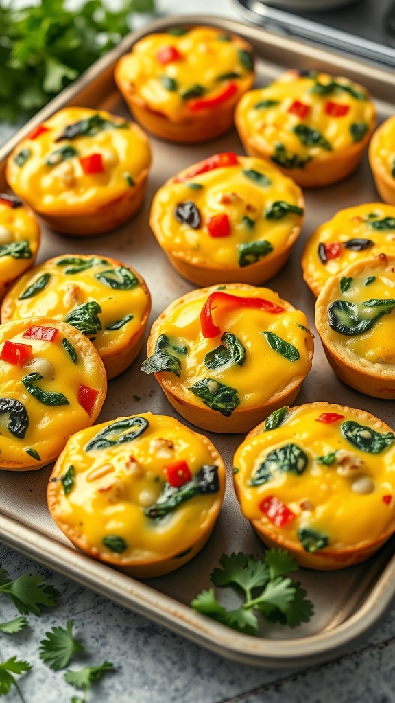 A tray of colorful egg muffins with spinach, bell peppers, and cheese