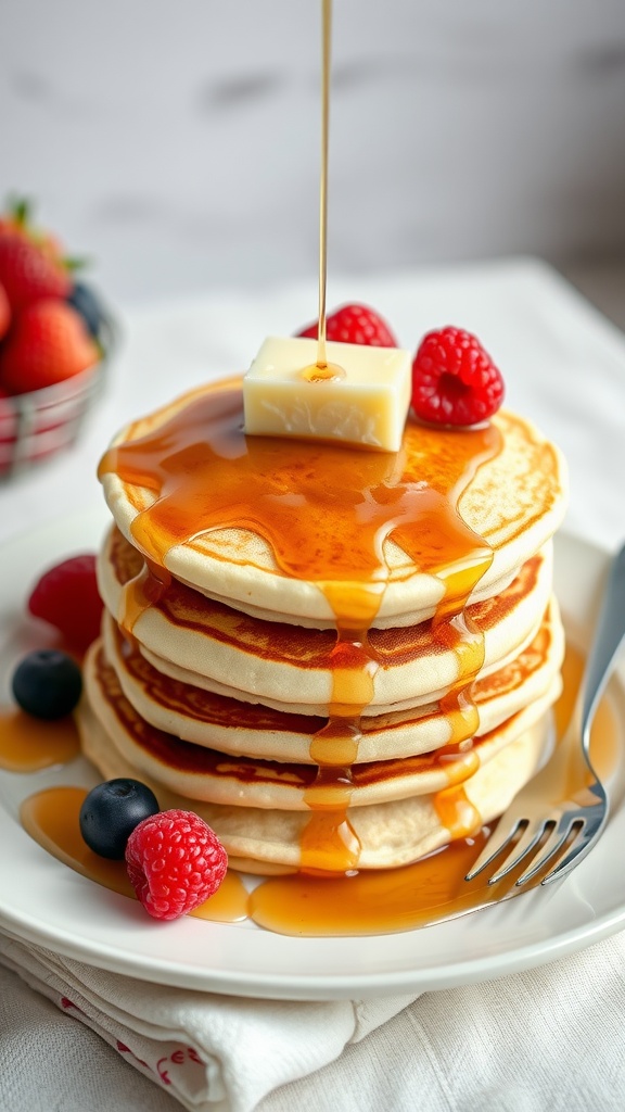 A stack of fluffy pancakes topped with syrup and fresh berries.