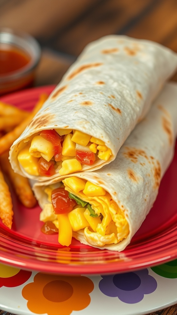 Delicious breakfast burrito filled with scrambled eggs, cheese, and fresh veggies.