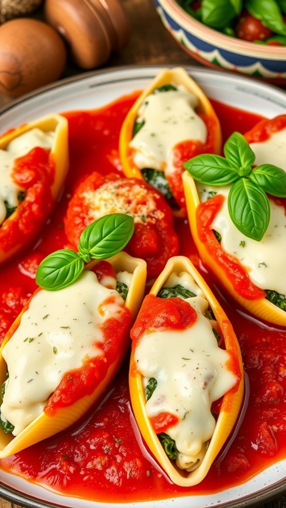 A serving of Ricotta Stuffed Shells with Spinach in marinara sauce, topped with melted cheese and basil.