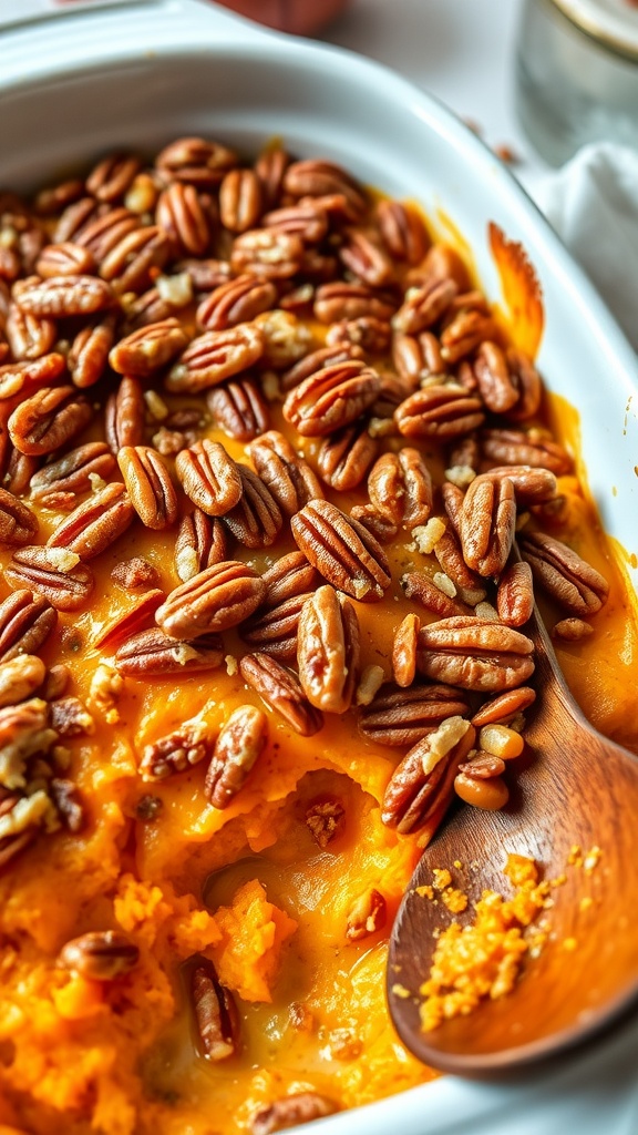 Vegan sweet potato casserole topped with pecan mixture, served in a rustic dish.