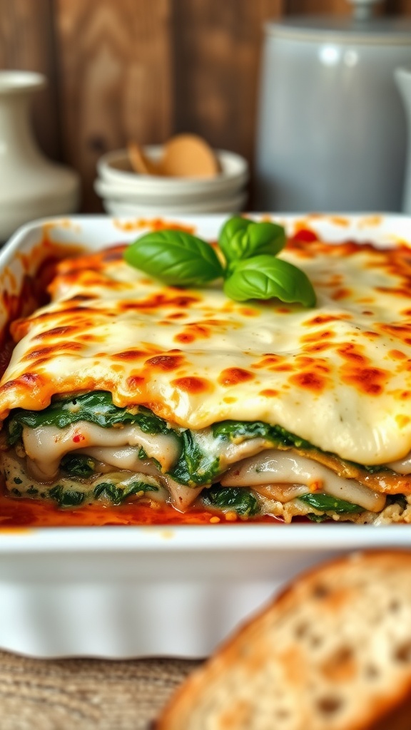 A layered Mushroom and Spinach Lasagna in a baking dish, topped with melted cheese and garnished with basil.