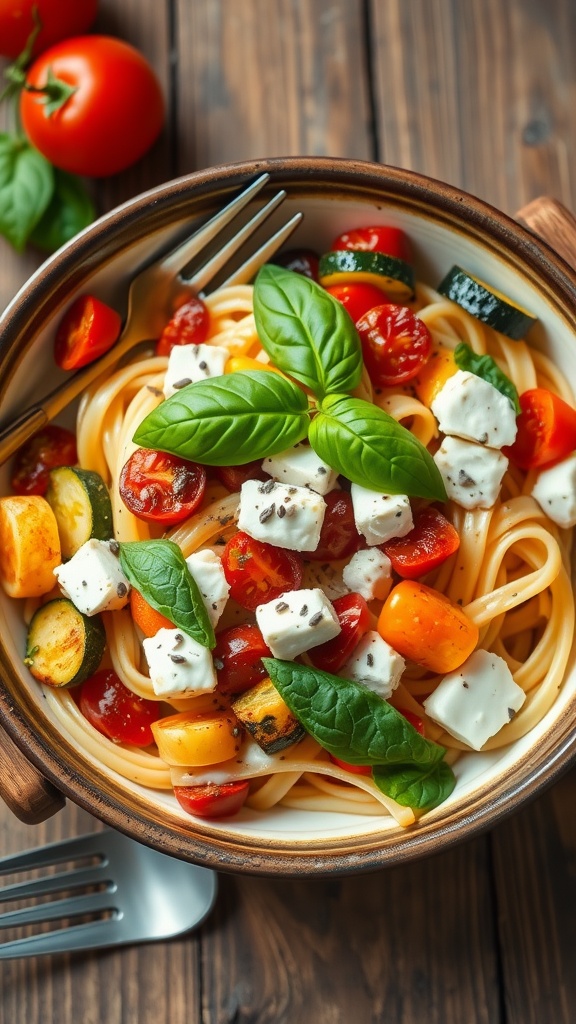 A bowl of veggie pasta with baked feta and colorful vegetables, garnished with basil on a wooden table.