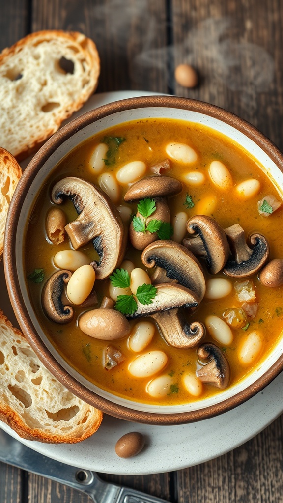 A bowl of white bean and mushroom stew garnished with parsley, with crusty bread on a wooden table.