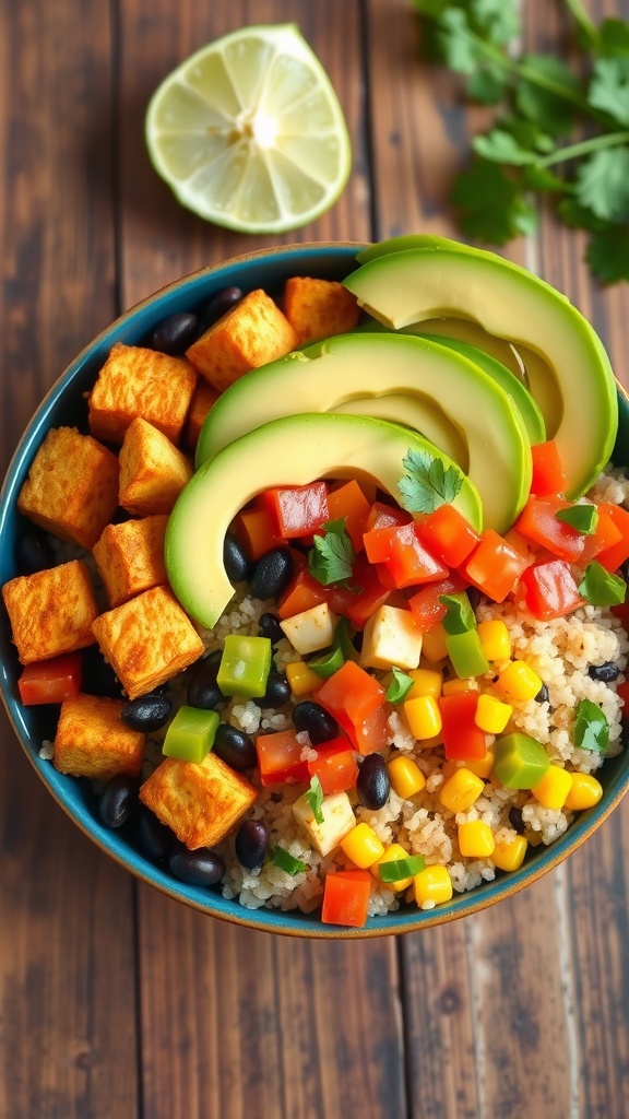 A colorful Baked Tofu Burrito Bowl with crispy tofu, quinoa, beans, and fresh vegetables.