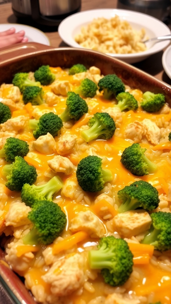 A creamy Chicken Broccoli Rice Casserole with broccoli, chicken, and melted cheese in a baking dish.