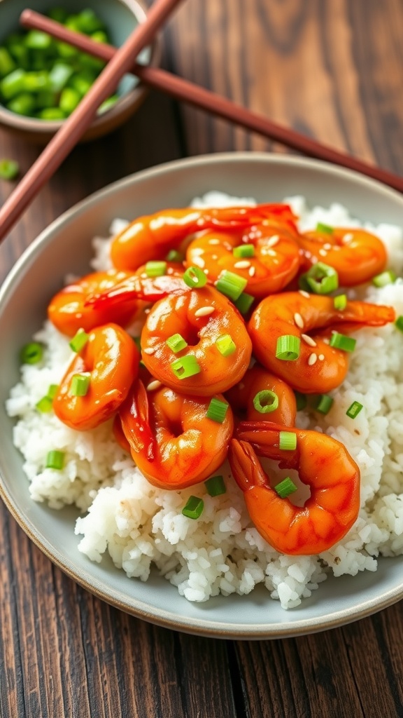 Honey garlic shrimp over rice, garnished with green onions and sesame seeds on a rustic table.