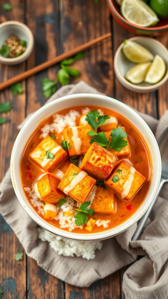 Thai Red Curry Tofu with creamy coconut sauce over rice, garnished with cilantro, on a rustic table.