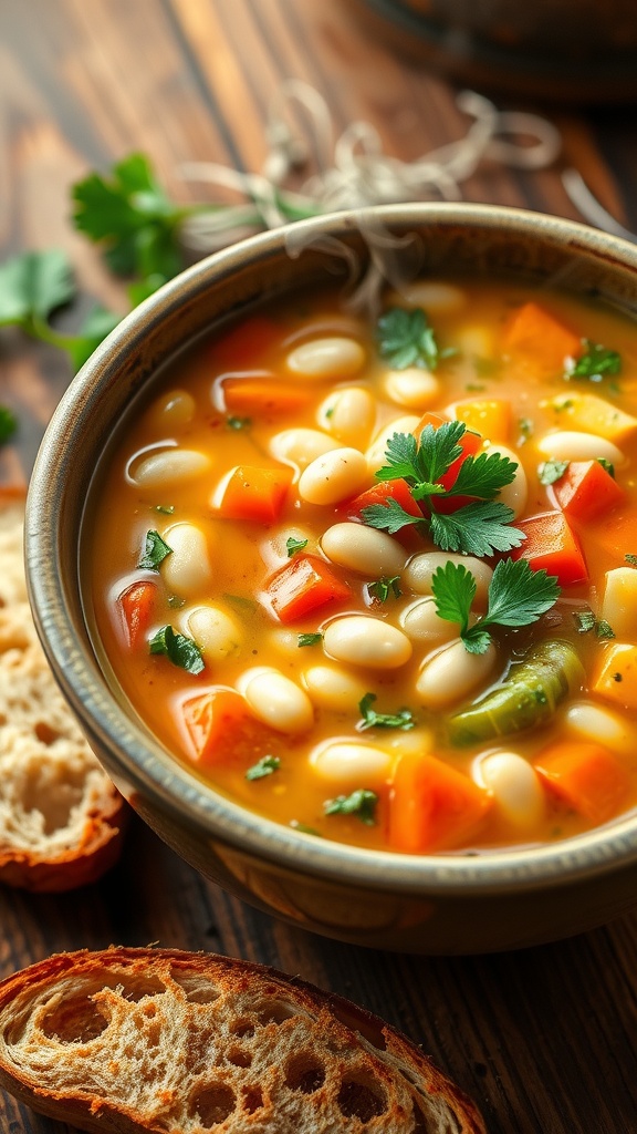 A bowl of Tuscan White Bean Soup with vibrant vegetables and herbs, garnished with parsley, alongside a slice of crusty bread.