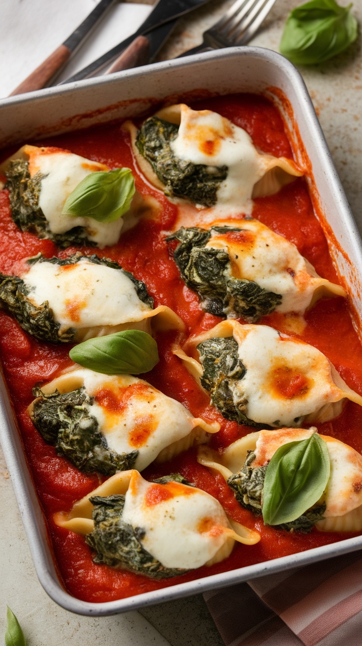 Baked spinach and ricotta stuffed shells in marinara sauce topped with mozzarella and basil.