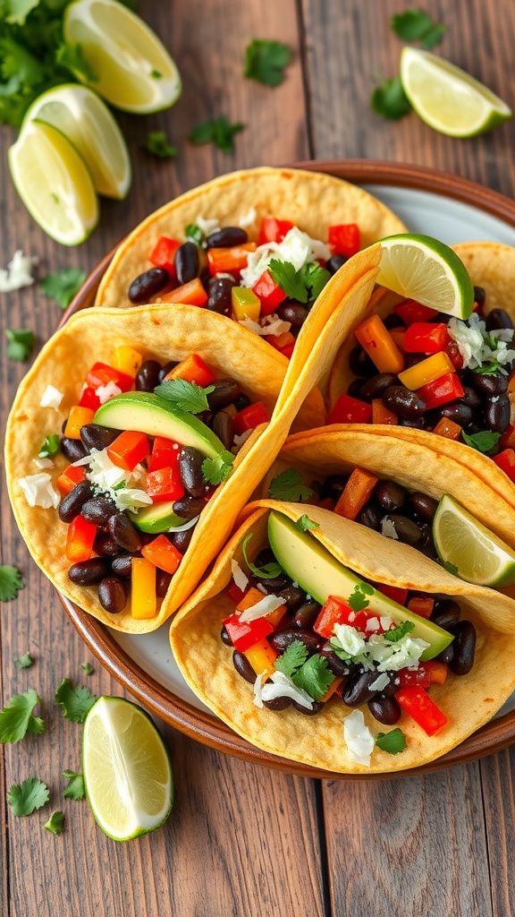 Crispy black bean tacos filled with black beans, bell peppers, and avocado, garnished with lettuce and cilantro, on a rustic wooden table.