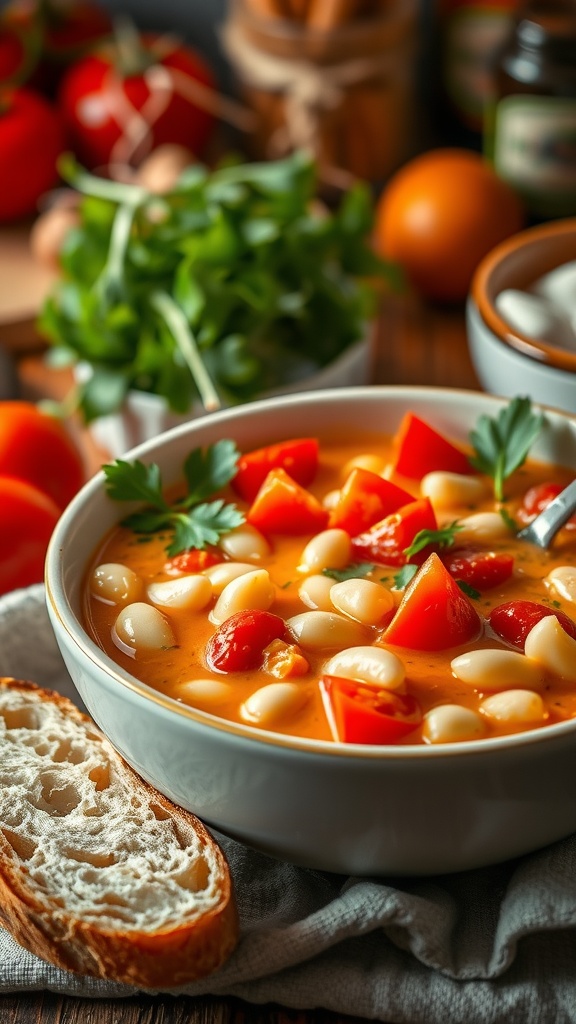 A bowl of creamy vegan tomato white bean stew with tomatoes and white beans, garnished with parsley, accompanied by bread.