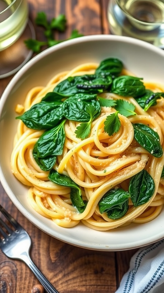 Creamy garlic parmesan pasta with spinach, served in a bowl with parsley garnish on a rustic wooden table.