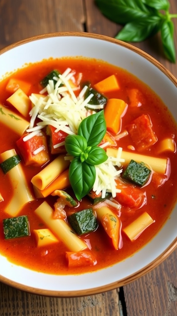 A comforting bowl of Vegetarian Lasagna Soup with vegetables, noodles, and melted cheese, garnished with basil, on a rustic table.