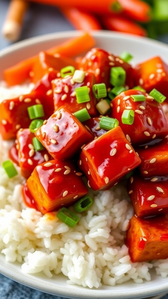 Crispy Gochujang Korean Tofu with rice, garnished with sesame seeds and green onions, served with fresh vegetables.