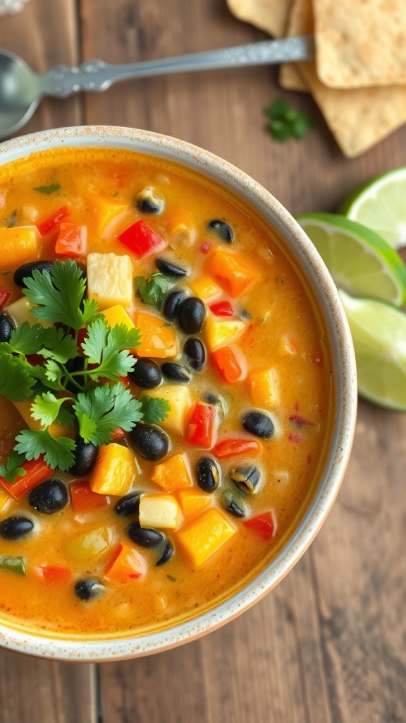 A bowl of creamy vegetarian tortilla soup garnished with tortilla strips, cilantro, and lime on a rustic table.