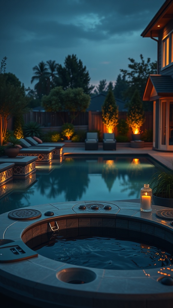 A beautifully lit hot tub next to a swimming pool at night, surrounded by lush greenery and cozy seating.