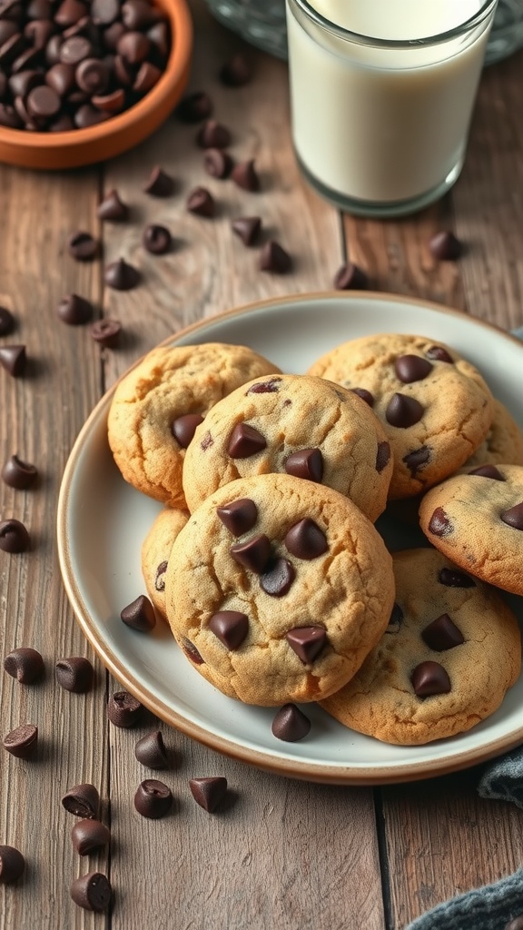 A plate of almond flour chocolate chip cookies with chocolate chips scattered around.