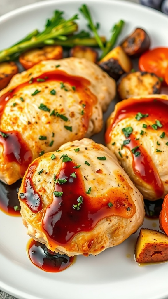 A plate of balsamic chicken breasts garnished with parsley, served with vegetables.